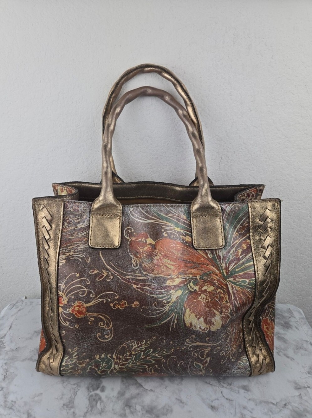 Patricia Nash Bronze Metallic Floral Tote with Braided Trim